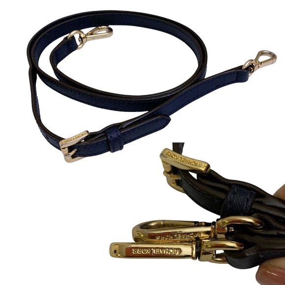 Michael Kors Saffiano Leather Satchel Crossbody Navy Gold MK Charm - Picture 9 of 13